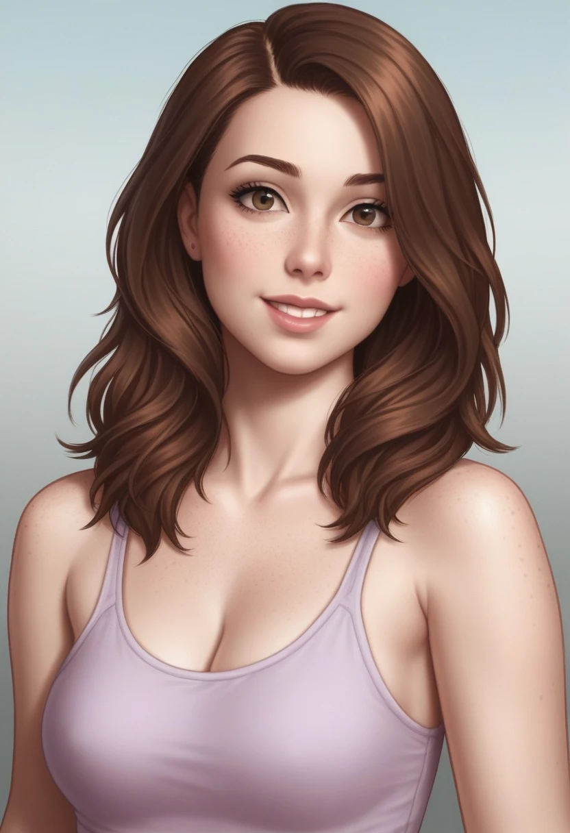 best quality, masterpiece, realistic, 1girl,
chestnut hair,
colorful camisole,
post-apocalyptic,
upper body, detailed face, beautiful eyes, (shy smile:1.1), freckles,
dramatic,
vibrant, sharp focus,