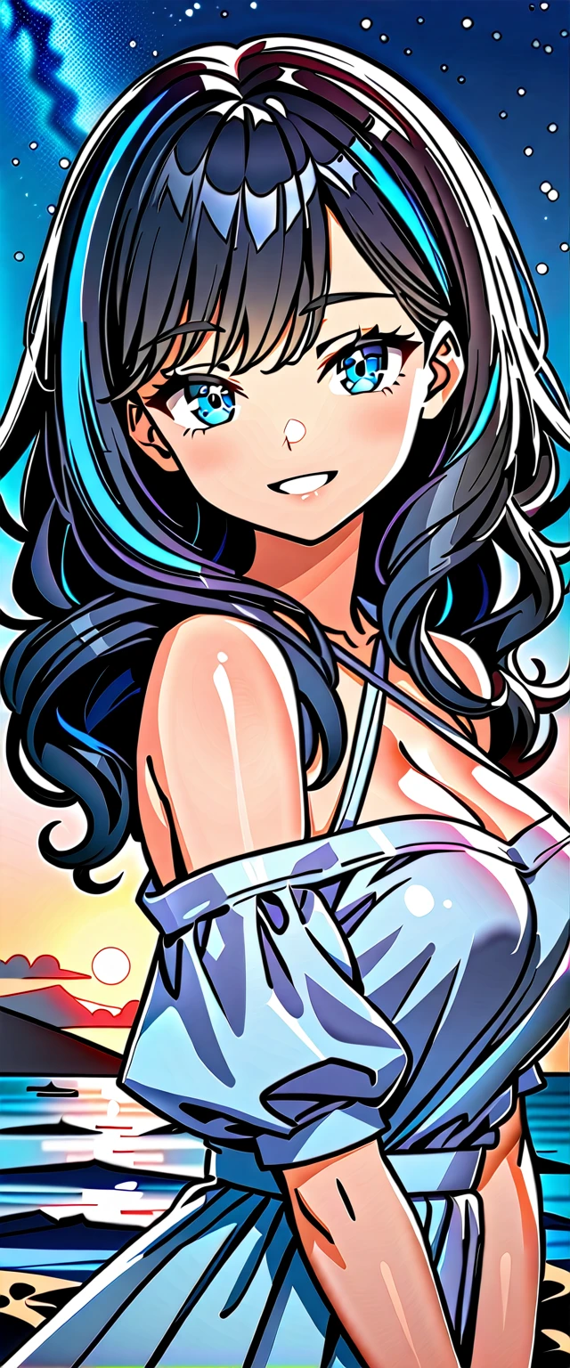 ((grin)), (((Eyeshadow, False eyelashes))), ((off-shoulder dress:1.3, criss-cross halter)), ((white sundress)), ((cleavage)), ((streaked hair, blue and black, hair extensions)), ((sunglasses, hand to sunglasses)), (((from side))), ((((upper body)))), bare legs, (()), (((a beautiful starry sky, the Milky Way shining beautifully in the night))), ((on the very high cliff)), wavy hair, inward curled hair, ((sea, nature)), breasts, teenager, (looking at viewer), puffy long sleeves, collarbone, head tilt:1.3, (((blue eyes))), happy smile, (((anime style))), (best quality, 4K, 8K, highres, masterpiece:1.2, ultra-detailed, ultra-detailed eyes, HDR, uhd, studio lighting, ultra-fine painting, sharp focus, physically-based rendering, extreme detail description, professional, vivid colors, bokeh)