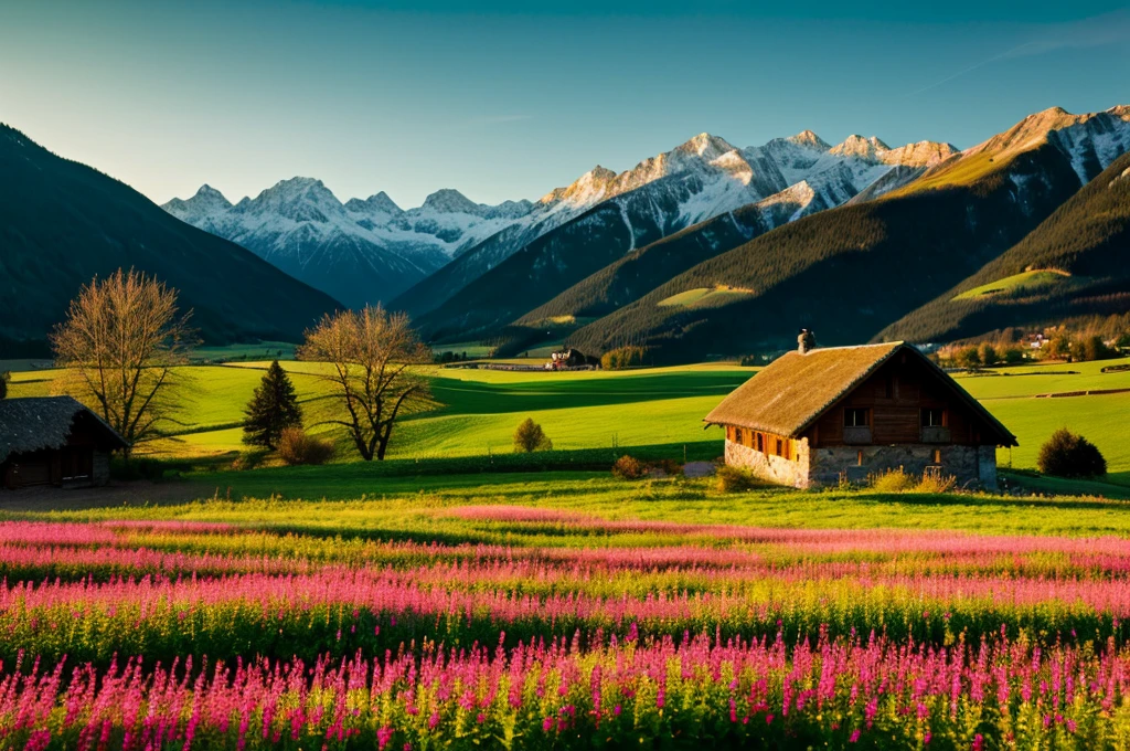 a green field with mountains in the background, a stock photo, by Franz Hegi, alpine landscape with a cottage, at sunrise in springtime, long cinematic shot, beautiful summer landscape