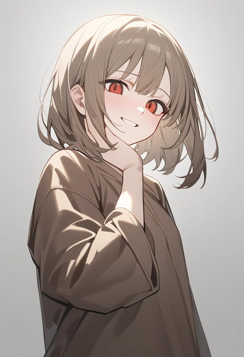 1 girl, alone, adolescent, brown fur, broad, short tousled hair, Red eyes, large eyes, big open smile, stoic, standing, (long shirt only), (Gray background, simple background), Upper part of the body, Masterpiece, Best Quality, dynamic angle, hand on his face, Flushed face 