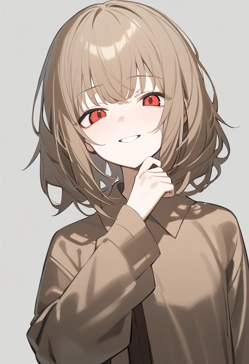 1 girl, alone, adolescent, brown fur, broad, short tousled hair, Red eyes, large eyes, big open smile, stoic, standing, (long shirt only), (Gray background, simple background), Upper part of the body, Masterpiece, Best Quality, dynamic angle, hand on his face, Flushed face