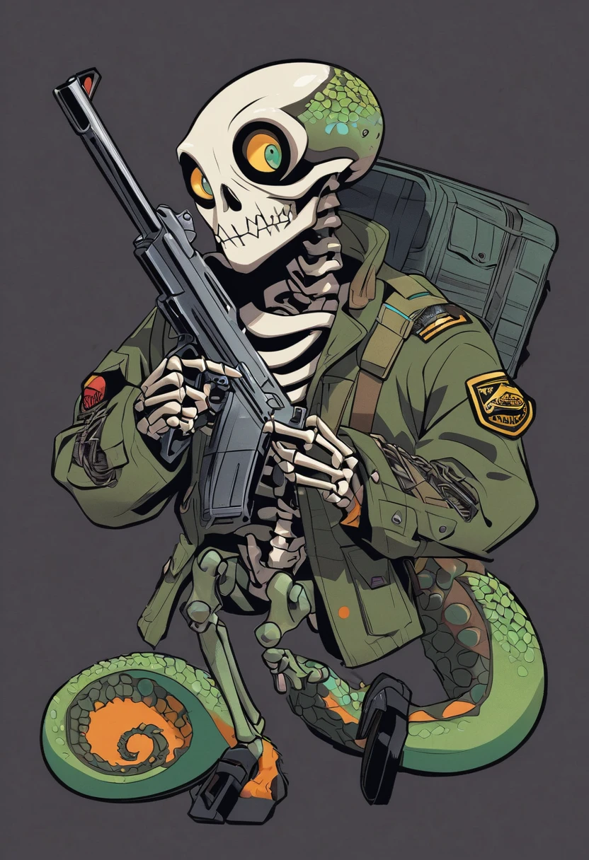 patch，An illustration，Military skeleton chameleon holding a gun