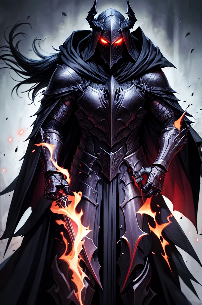 Male, demon knight, black fur cloak, hood over head, wearing pitch black plate armor that has sharp features, 4k, masterpiece, high res, wearing a helmet, death knight, muscular build, evil looking, full body view, necromancer, red glowing eyes, riding a armored black warhorse, mysterious vibe, dark aura, holding a long sword