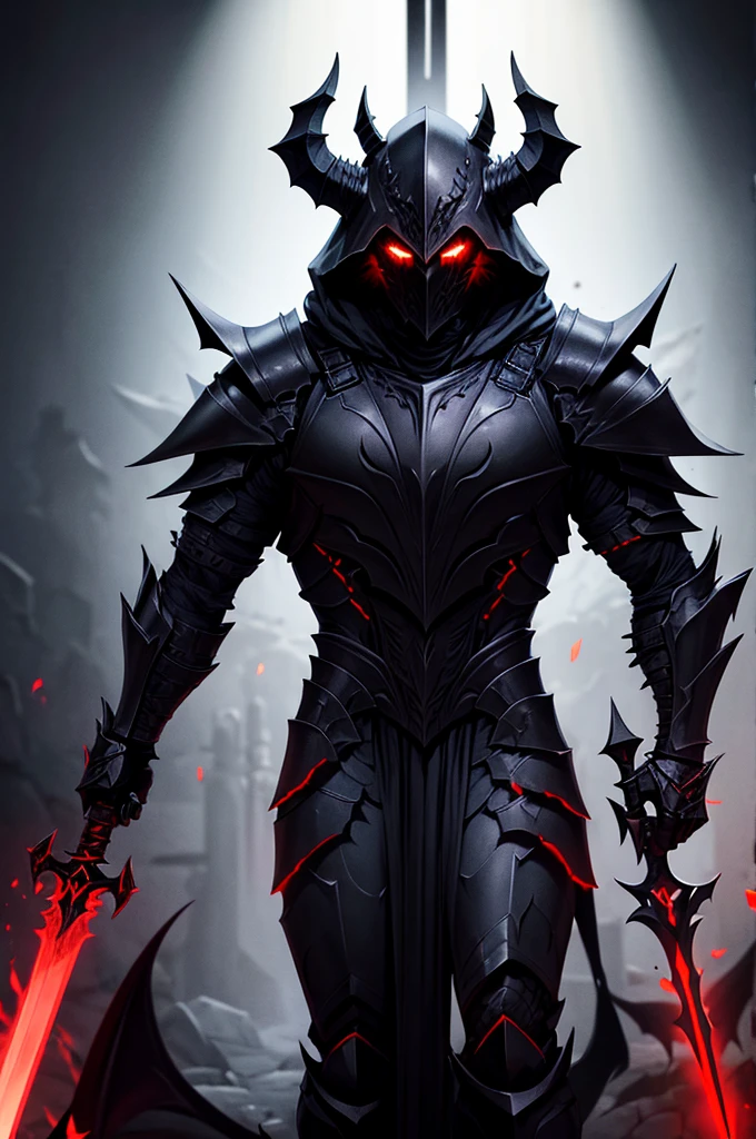 Male, demon knight, black fur cloak, hood over head, wearing pitch black plate armor that has sharp features, 4k, masterpiece, high res, wearing a helmet, death knight, muscular build, evil looking, full body view, necromancer, red glowing eyes, riding a armored black warhorse, mysterious vibe, dark aura, holding a long sword
