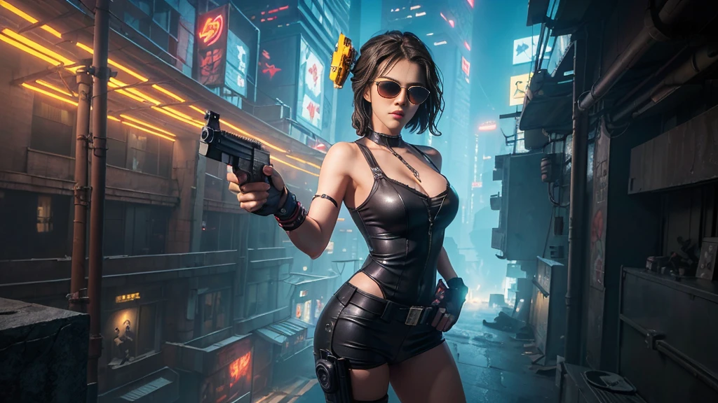 At night, dark sky, aerial view of fantasy cyberpunk style Moai-statue city, ((flying vehicle)). ((1girl, solo, alone)), photo realistic, medium-breast:1.1 slim body, cleavage, sexy clothes, (black sunglasses), (((hip-up standing and pistol aiming pose))), half-body thigh level medium shot, cinematic lighting.