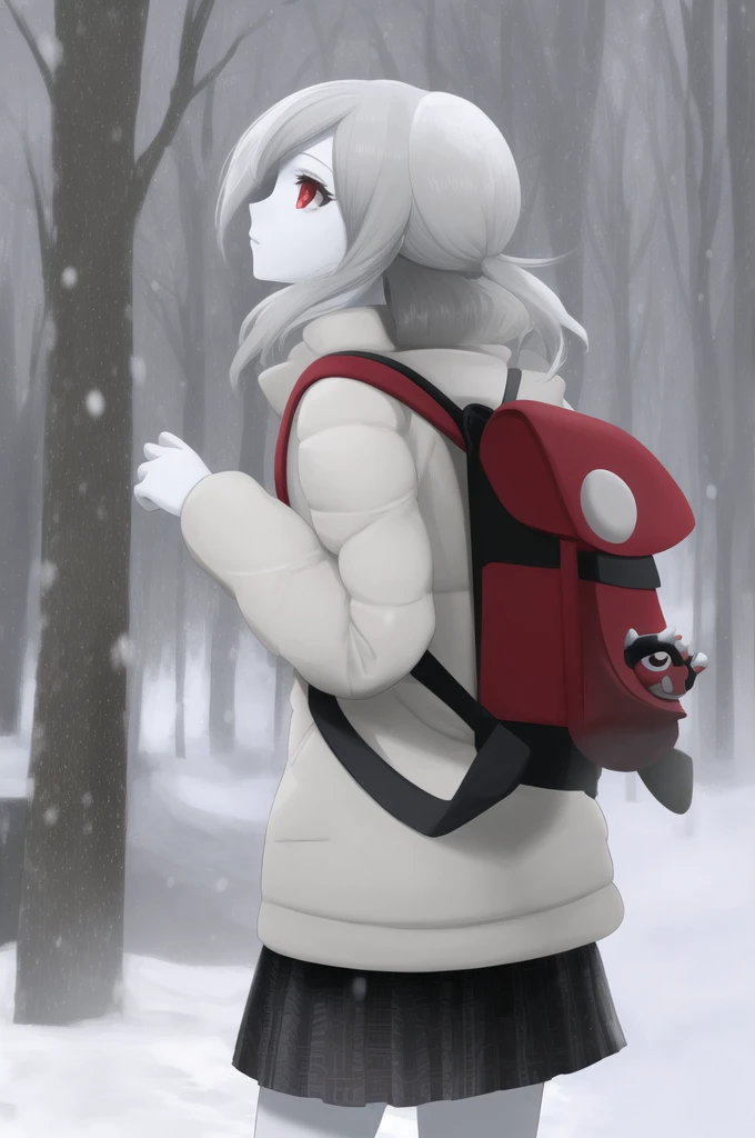 masterpiece, Highest quality, High resolution, Gloria1, One girl, Gloria \(Pokemon\), Pure white skin,snow-gray hair, alone, Backpack, Red eyes, Tam O'Shanter, Grey cardigan, Pink Dress, Pure white short hair, green socks, socks, Brown bag, Bobcut, bangs, Long sleeve, Collared dress, Cowboy Shot, Hands on hips, smile, peace sign, Field, Grass,