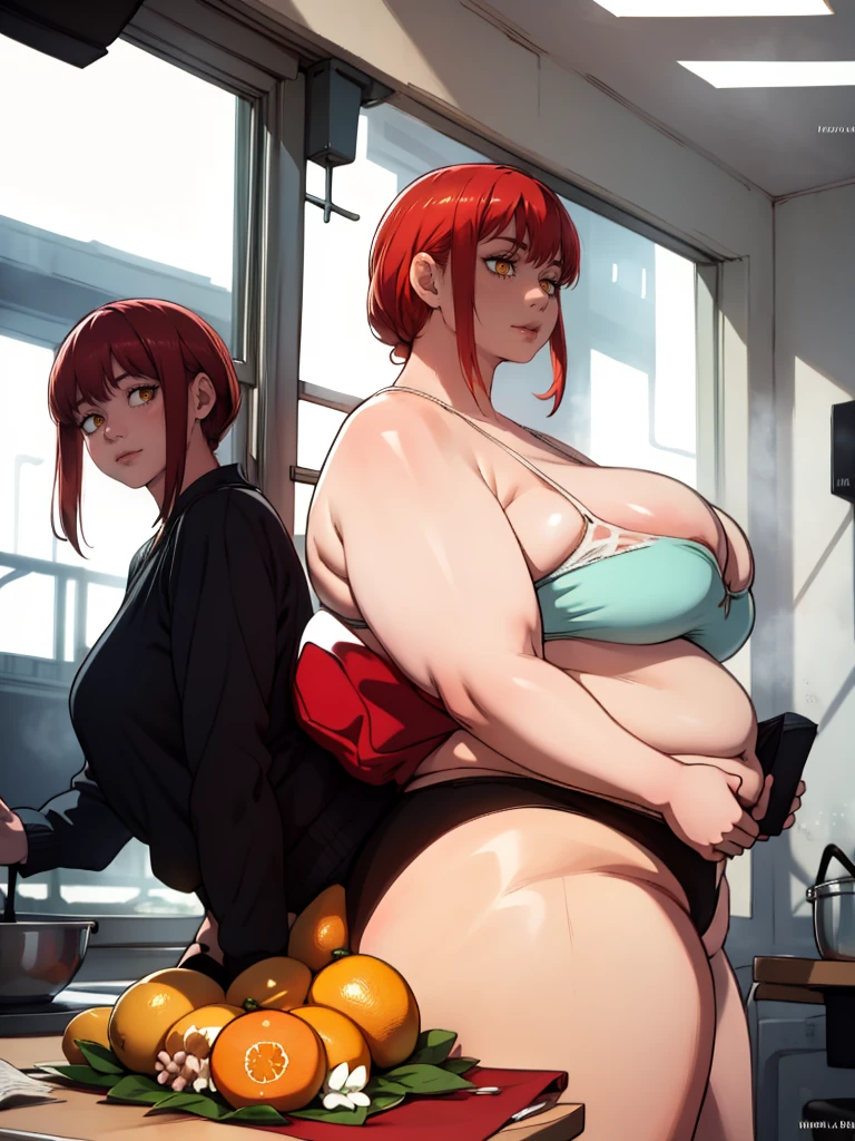 Le personnage Makima de la série animée Chainsaw Man, fragile, obésité morbide, ssbbw, pleine longueur (corps entier 1.1.), fond sombre, obscurité, anatomie correcte 1.1, anatomie correcte de la main, Très féminin, corps gras et rond, grosses Jambes, fesses, beau corps obèse, ventre rond et mou très gras, cheveux roux, Yeux oranges, Cercles rouges pour les écoliers, chemise blanche, jupe noire, cravate noire, pose sexy, réaliste, very détaillé, beau corps, détaillé body, détaillé hands, détaillé, vibrant, détaillé Face, Conception des personnages de Makima. very détaillé, détaillé body, détaillé hands, détaillé Face, Art animé, Hugh Détails, Visage très abattu, détaillé eyes, Illustration ultra fine, Meilleure ombre, détail fin, beautiful détaillé glow, beautiful détaillé, Extraordinairement beau, extremely détaillé, inexpressif, composition épique, Style animé. art animé, Style animé. Jupe noire, chemise blanche, cravatte, pose sexy. Double menton, visage très gras, grosses joues, joues potelées