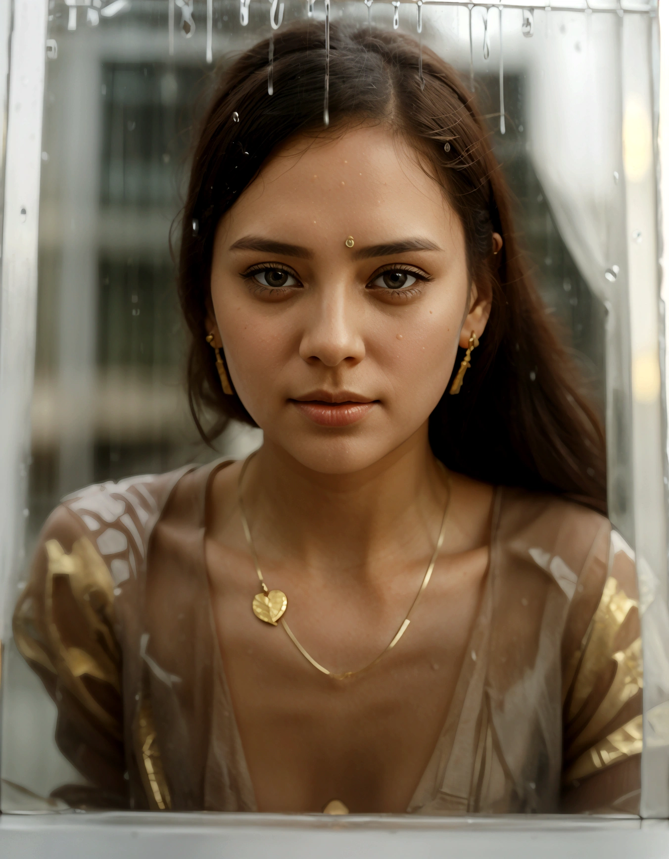 there is a woman that is looking at the camera through a glass, raining portrait, gold pendant