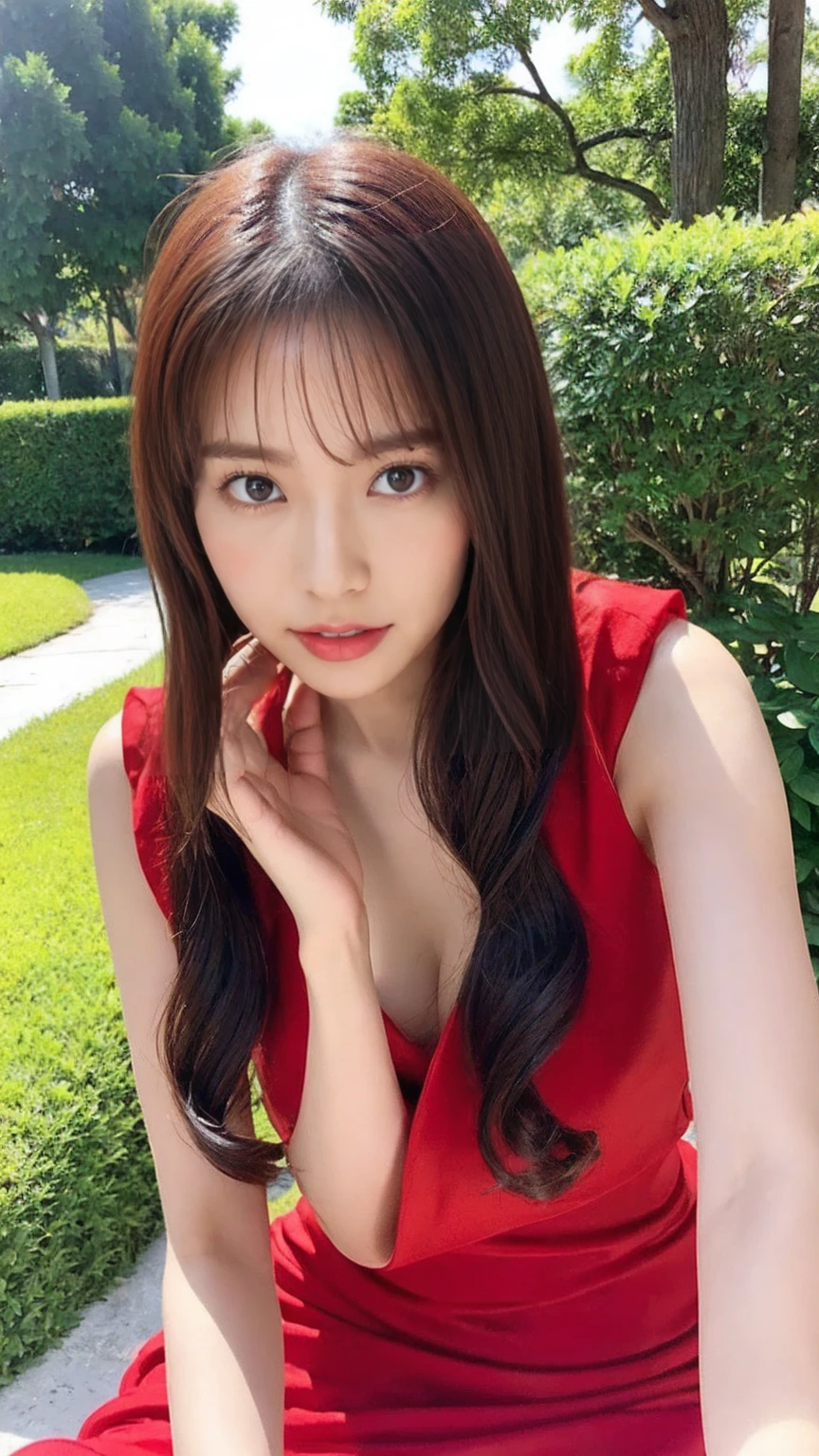 shy, cute, Fascinating, mother-in-law, Sweaty, Mom, Red dress, Blink , Mature Woman, Outdoor, Happy, Realistic