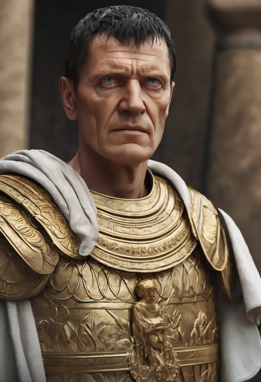 "A detailed image of Marcus Crassus, wearing a laurel wreath and Roman attire, standing forward and holding a large bag of gold coins. He displays a confident and determined expression, similar to the image provided. The purse overflows with gold coins, highlighting his immense wealth. THE BACKGROUND IS SIMPLE, keeping the focus on Crassus and his wealth."
Size: "1024x1024"
