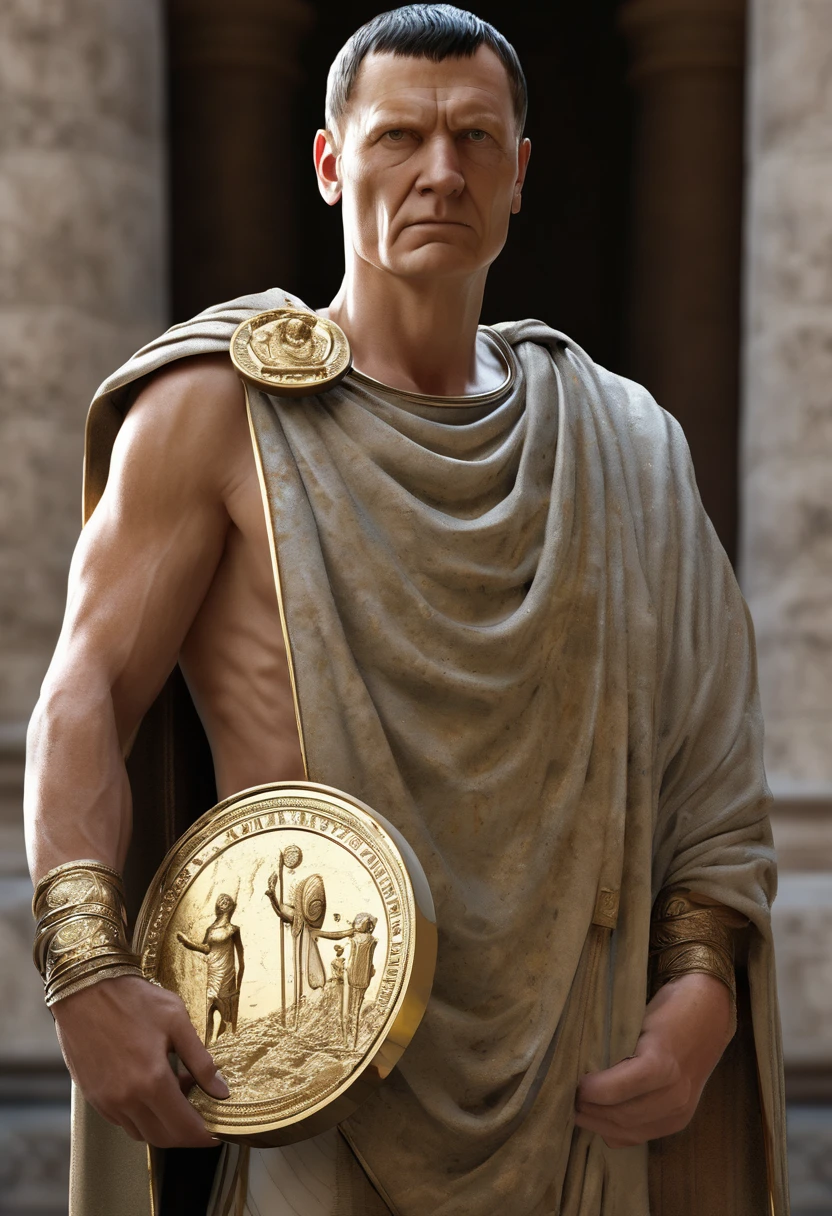 "A detailed image of Marcus Crassus, wearing a laurel wreath and Roman attire, standing forward and holding a large bag of gold coins. He displays a confident and determined expression, similar to the image provided. The purse overflows with gold coins, highlighting his immense wealth. THE BACKGROUND IS SIMPLE, keeping the focus on Crassus and his wealth."
Size: "1024x1024"
