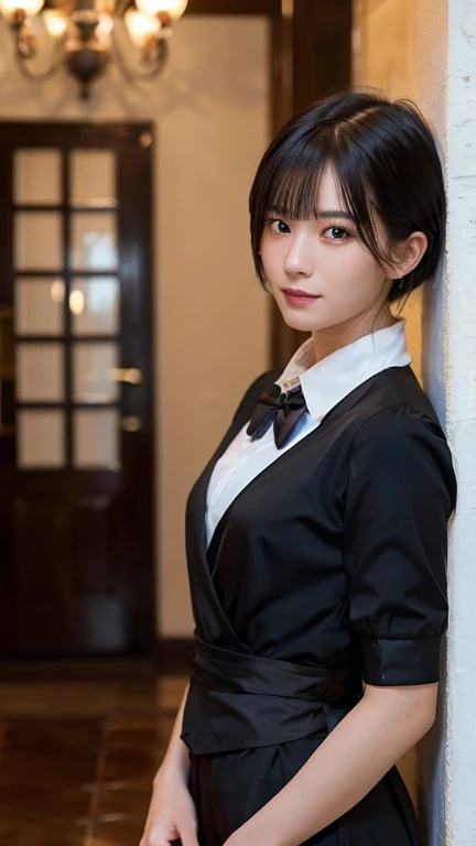 (Highest quality,Masterpiece:1.3,Ultra high resolution),(Awesome details,Corrosive substances,8K),(realistic:1.4,RAW shooting),Young woman dressed as a butler,Japan,Handsome young man,20 years old,Short black hair,looking at camera,Inside a western style mansion,Take photos from the waist up.,front,warm light,professional writing