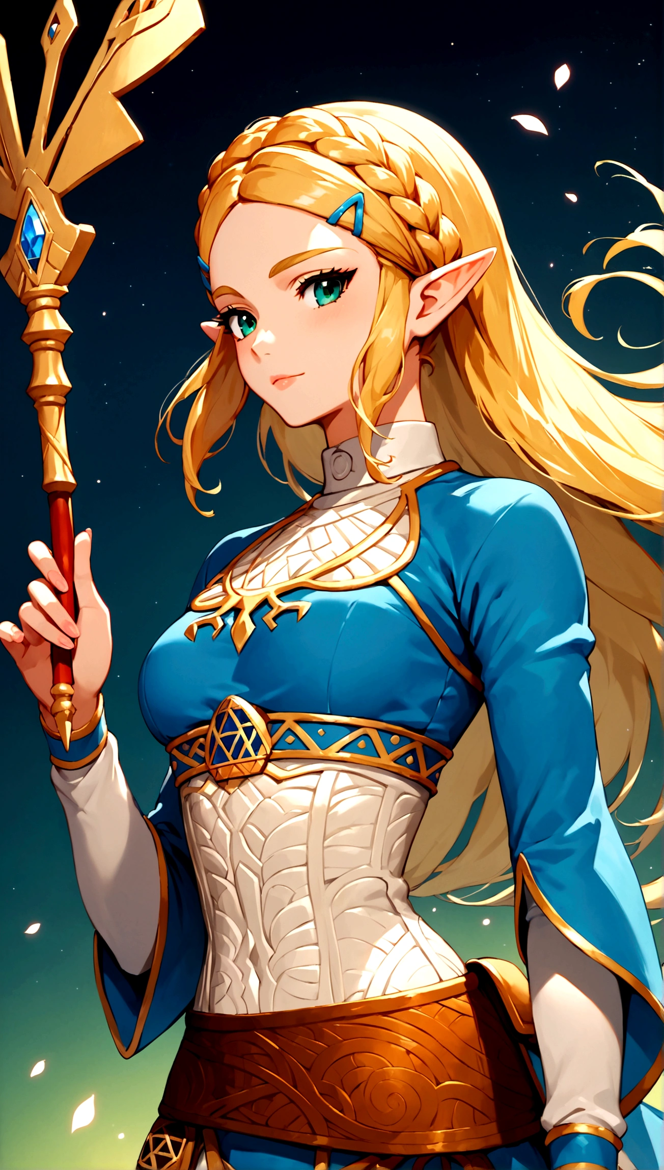 score_9, score_8_up, score_7_up, score_6_up, masterpiece, top quality, best quality, official art, beautiful and aesthetic, anime_source, centered, cinematic scene, cowboy shot, brush stroke, 1girl, zelda, blunt bangs, long blonde hair, abstract background, epic composition, epic proportion, 8K, Expressiveh