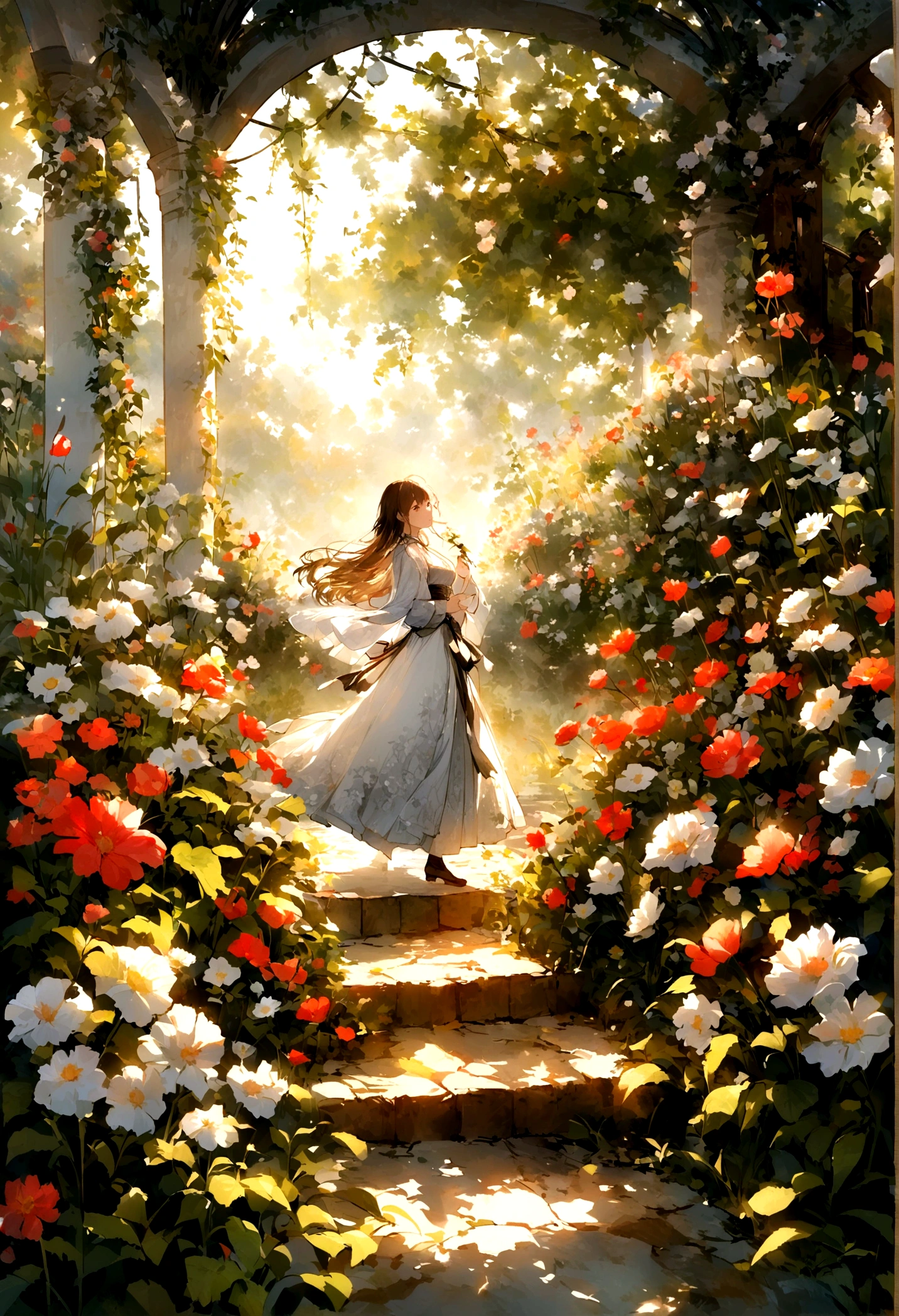 Blooming flowers dance in the wind,Girl in Flowers,Light blue and silver design,Pay attention to the texture of skin and flowers,Sony FE 12-24mm F/2.8 grams,Impressionist Garden,Well versed in calligraphy,Eco-friendly craftsmanship,Exploring brushwork