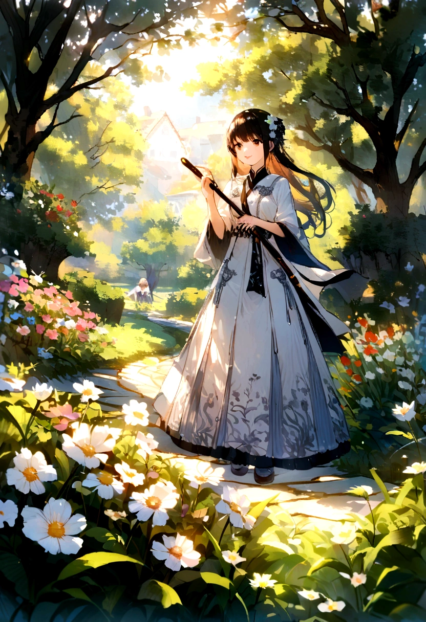 Blooming flowers dance in the wind,Girl in Flowers,Light blue and silver design,Pay attention to the texture of skin and flowers,Sony FE 12-24mm F/2.8 grams,Impressionist Garden,Well versed in calligraphy,Eco-friendly craftsmanship,Exploring brushwork