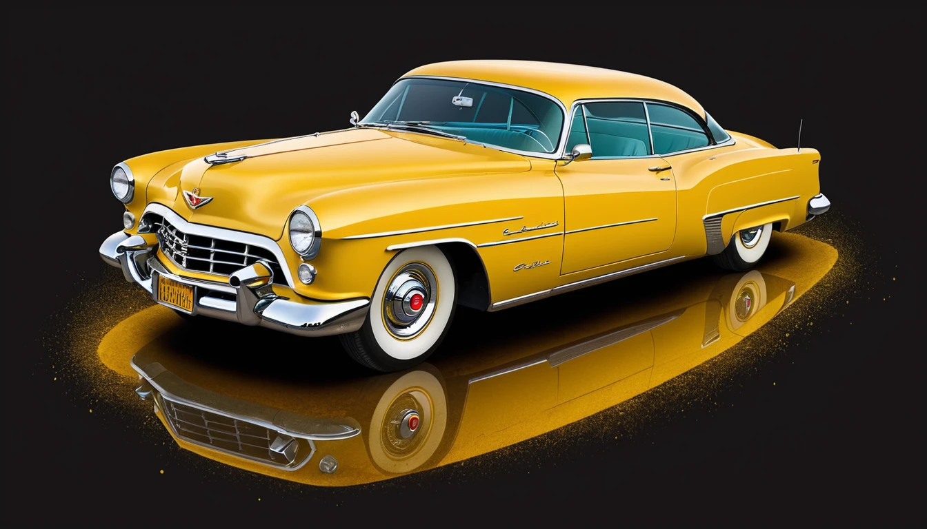 Artwork for t-shirt graphic design, modern graphic design, Cadillac Ghia 1953, yellow, bold yellow color, scratches on rust background in vintage pastel colors, highly detailed clean, vector image, realistic masterpiece, professional photography, realistic car, car sunrise background, flat black background, isometric, bright vector