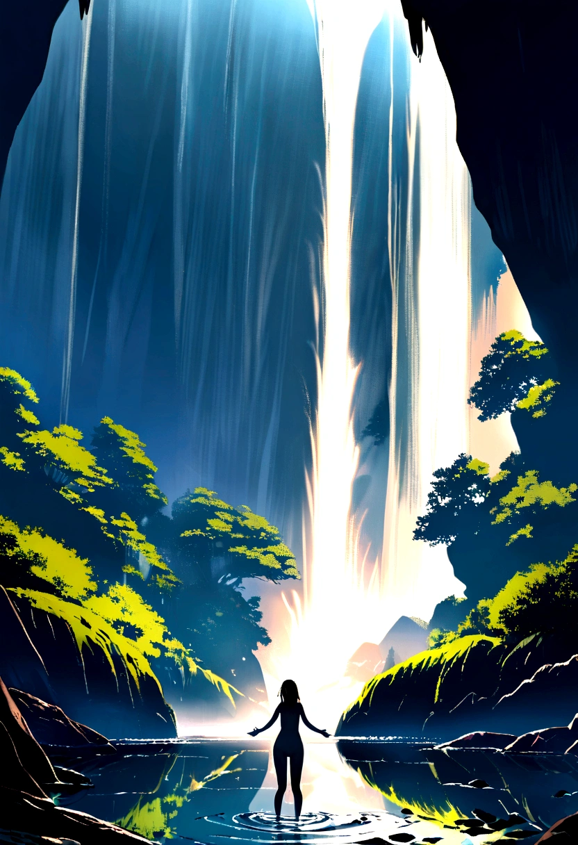 Naked girl stands under a mountain waterfall