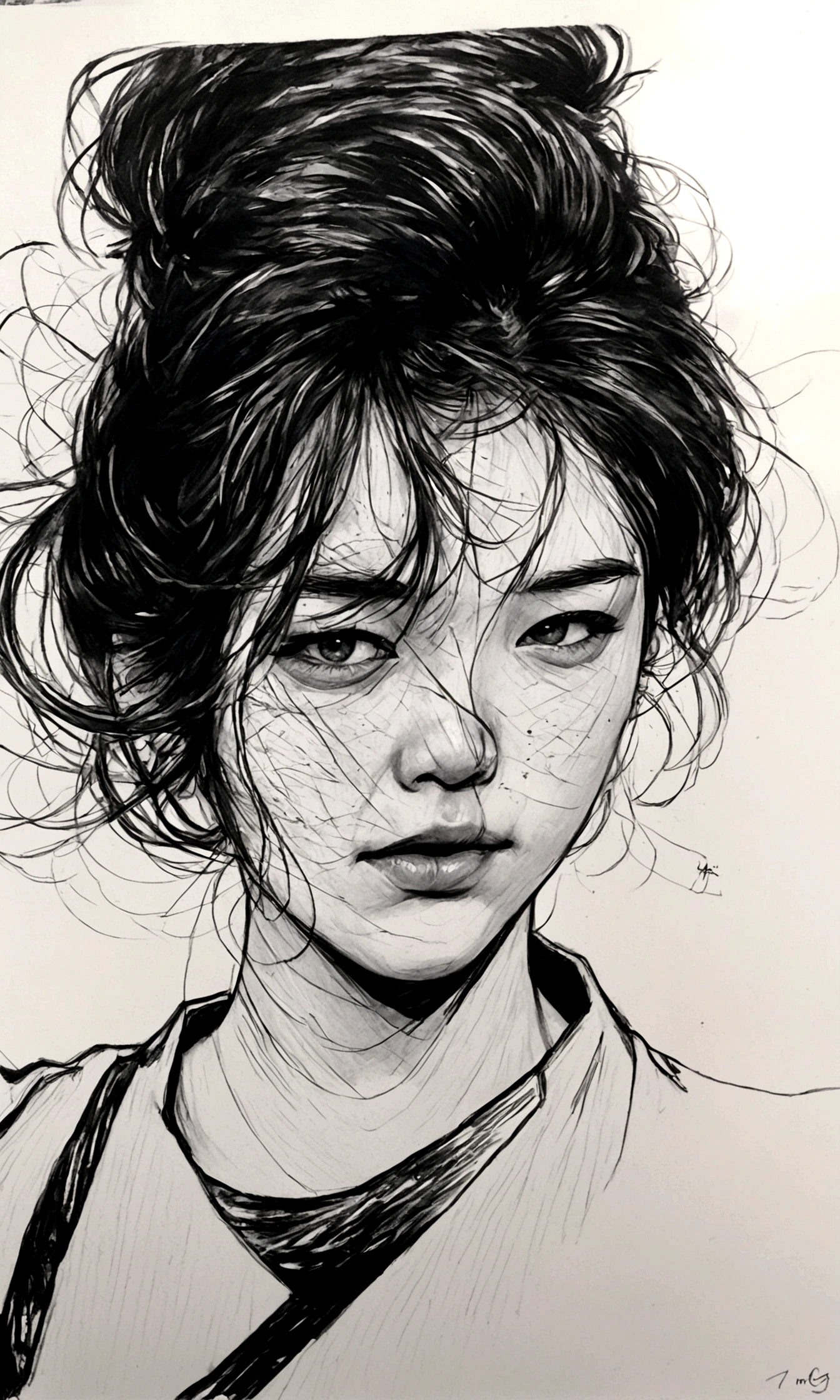 a drawing of a woman with a messy hair and a tie, a detailed drawing by Kim Hwan-gi, tumblr, hyperrealism, extremely detailed portrait, highly detailed portrait, detailed 4 k drawing, 4k. detailed drawing, detailed close up portrait, very detailed portrait, hyperrealistic sketch, detailed beautiful portrait, highly detailed photo portrait, detailed face portrait