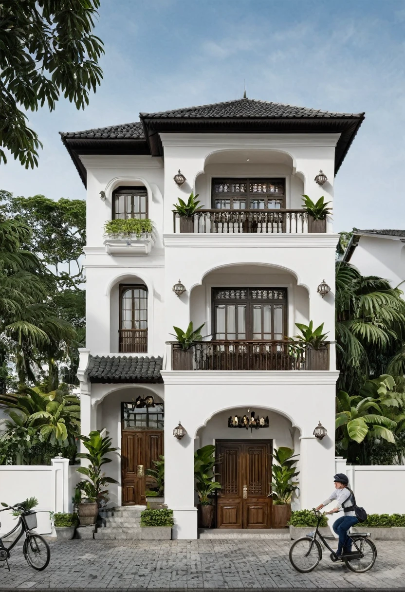 Render a 5-meter-wide, 2-story Indochine-style townhouse situated in an urban setting. The townhouse features a simple, elegant white facade with traditional Indochine architectural elements, including arched windows, wooden shutters, and decorative railings. The roof is designed with a two-sided slope running from front to back, reminiscent of the houses in Hoi An. The exterior walls are adorned with subtle, ornate details that reflect the Indochine style. The ground floor includes a welcoming entrance with classic wooden furniture and traditional lanterns. The street is lined with cobblestone pavement, tropical plants, and urban elements such as street lamps and parked bicycles, creating a harmonious blend of traditional and urban aesthetics.
8k resolution, UHD, high-quality detail, Indochine style, 5-meter-wide facade, 2-story, white exterior, arched windows, wooden shutters, decorative railings, two-sided sloping roof, Hoi An style, classic wooden furniture, traditional lanterns, ornate details, urban setting, street view, cobblestone pavement, tropical plants, street lamps, parked bicycles, harmonious blend of traditional and urban aesthetics.