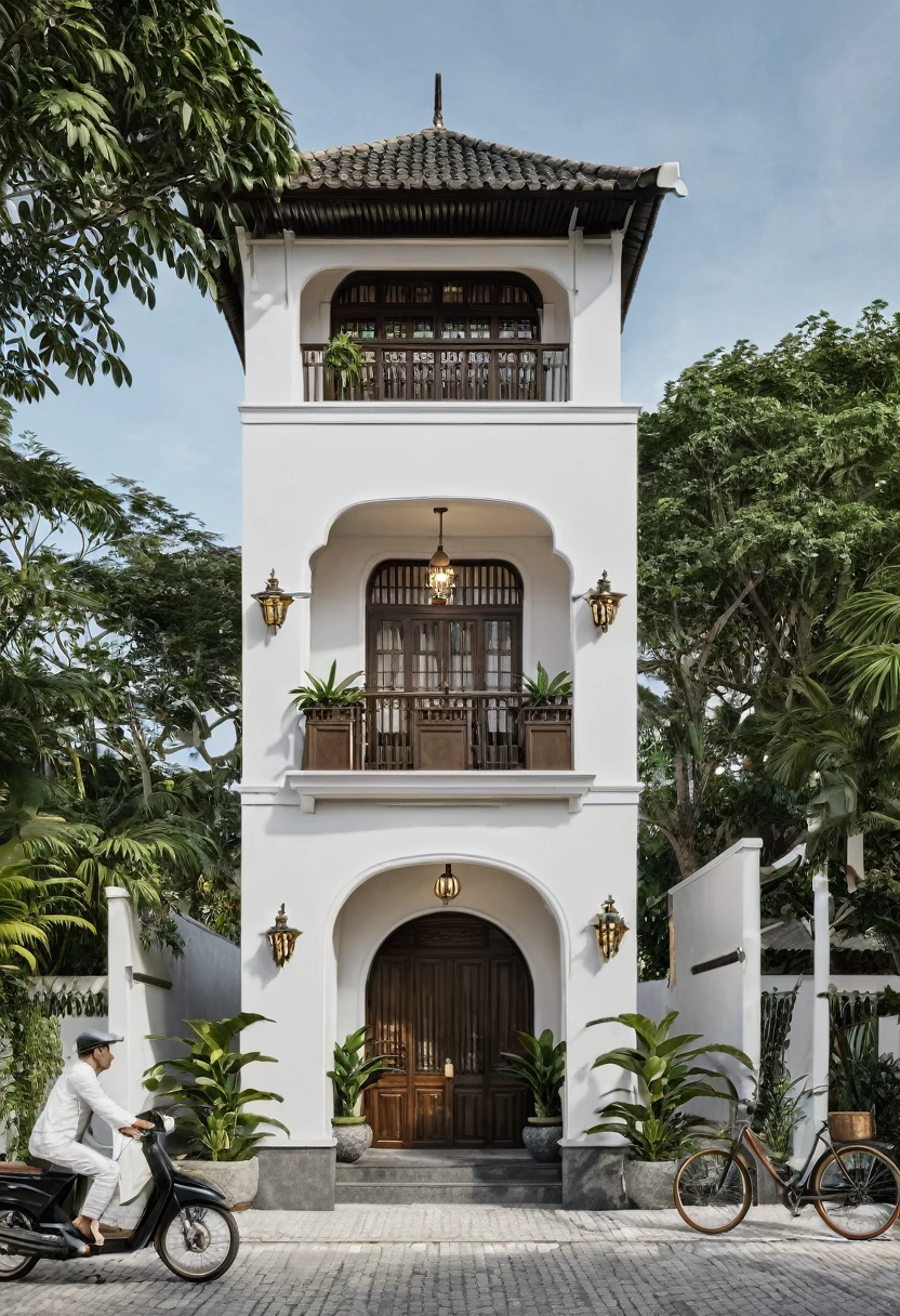 Render a 5-meter-wide, 2-story Indochine-style townhouse situated in an urban setting. The townhouse features a simple, elegant white facade with traditional Indochine architectural elements, including arched windows, wooden shutters, and decorative railings. The roof is designed with a two-sided slope running from front to back, reminiscent of the houses in Hoi An. The exterior walls are adorned with subtle, ornate details that reflect the Indochine style. The ground floor includes a welcoming entrance with classic wooden furniture and traditional lanterns. The street is lined with cobblestone pavement, tropical plants, and urban elements such as street lamps and parked bicycles, creating a harmonious blend of traditional and urban aesthetics.

8k resolution, UHD, high-quality detail, Indochine style, 5-meter-wide facade, 2-story, white exterior, arched windows, wooden shutters, decorative railings, two-sided sloping roof, Hoi An style, classic wooden furniture, traditional lanterns, ornate details, urban setting, street view, cobblestone pavement, tropical plants, street lamps, parked bicycles, harmonious blend of traditional and urban aesthetics.
