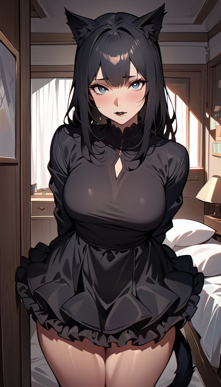 (high quality, 8k, 4K, high contrast, artwork:1.2, high quality, best aesthetics), ((1 woman)), erotic, sensual, mature body, super detailed, beautiful face detailed, beautiful eyes detailed, detailed beautiful mouth, perfect breasts, wide thighs, sexy body, (long straight black hair), (black eyes), (black lipstick), (black eyeliner), (black eyeshadow), (calm expression), (penetrating gaze), (black cat ears), (black cat tail), (short black dress with short ruffled skirt and long sleeves), (centered), (looking at viewer), (standing), (inside a bedroom), (hands behind back), (front view)
