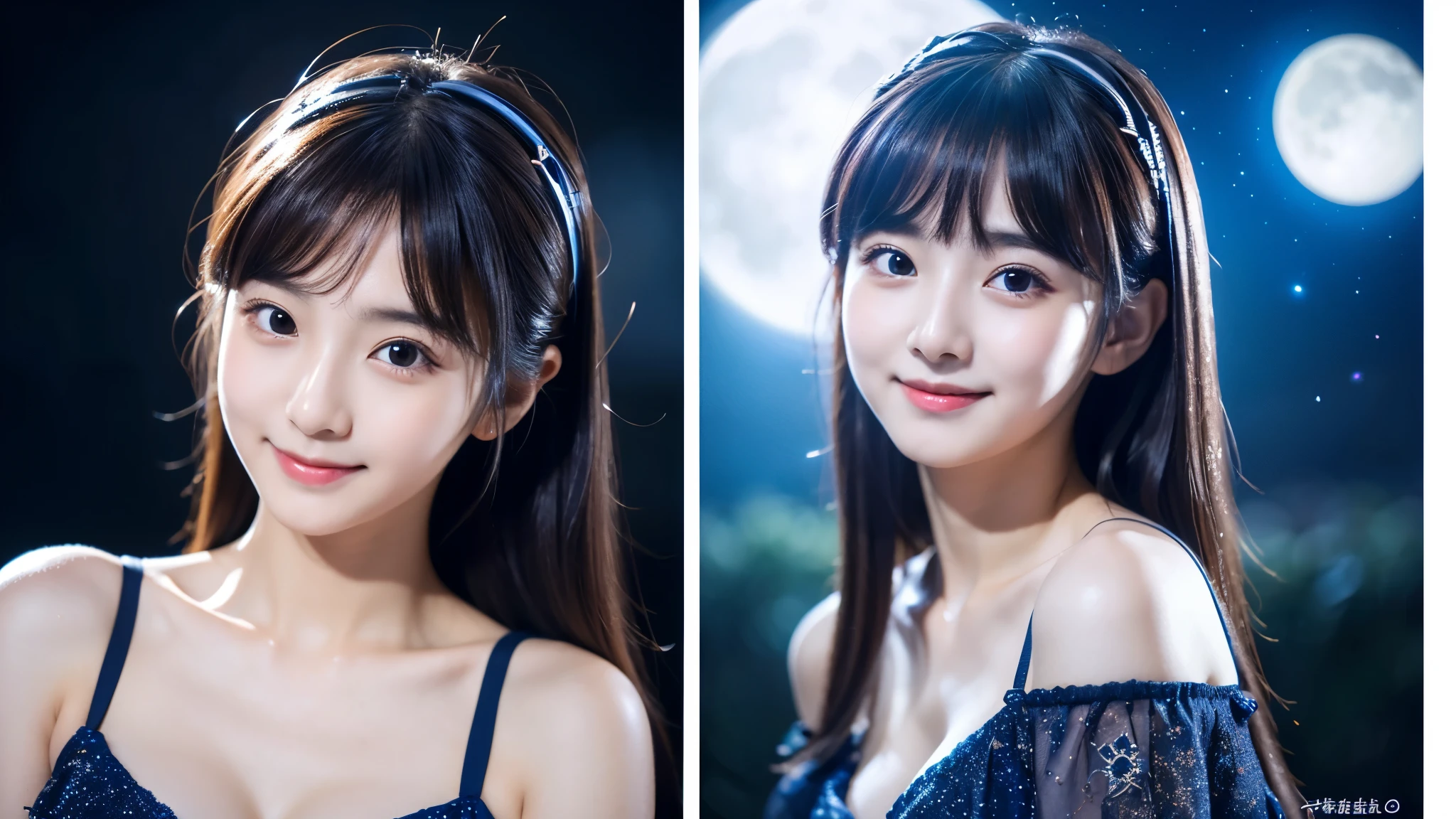 A very cute face like an idol、Looks like a young face、20-year-old female、Gentle and cute、Cleavage、Beautiful moon and starry night、moonlight、RAW Photos、Genuine、live-action、(Artistry)、(Artistic Expression)、Real Stick、High resolution、masterpiece