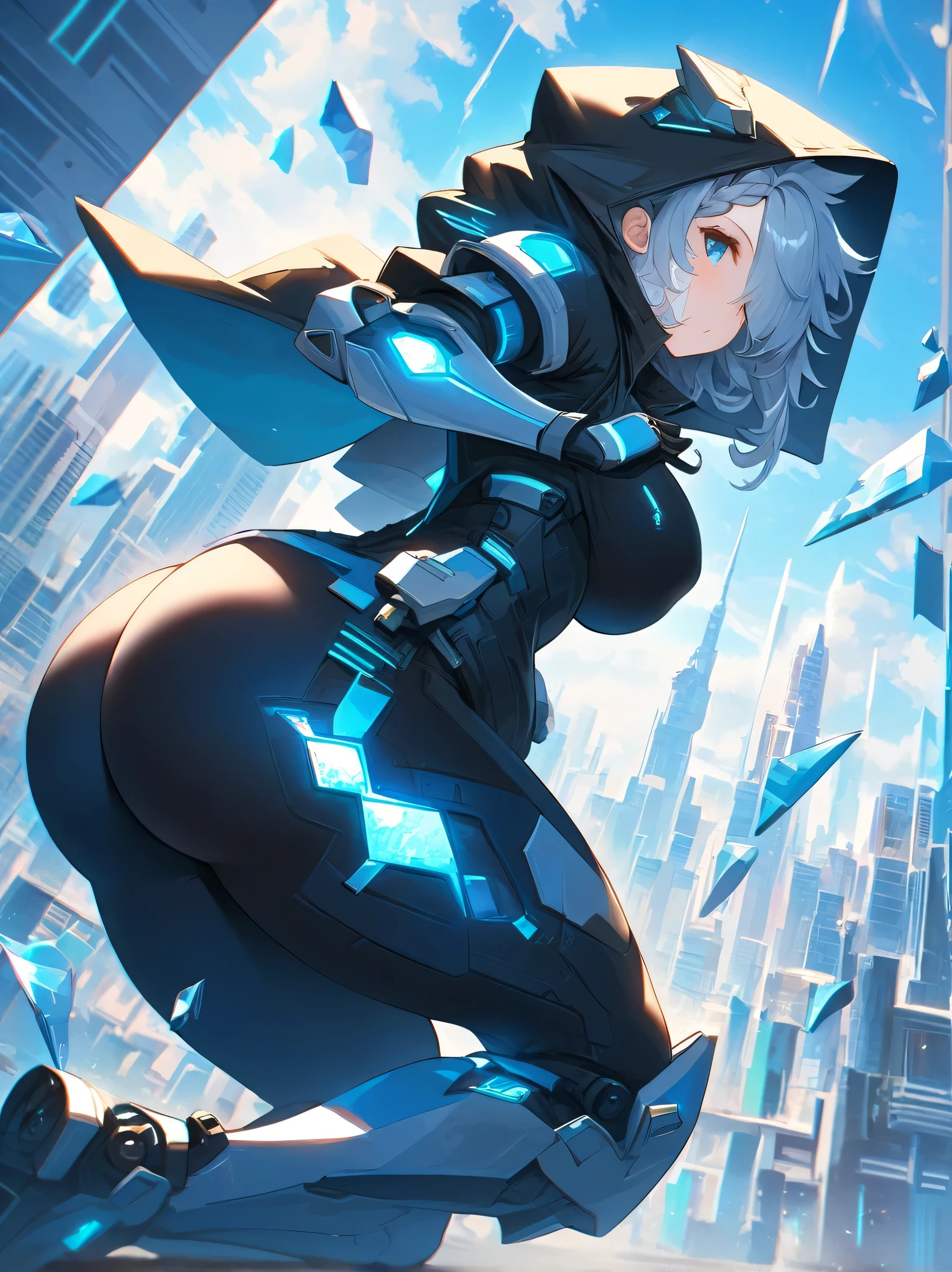 Masterpiece,Impasto,Niji journey,Niji,Dynamic angle,Looking at viewer,From front,Full body,Prism style,Broken glass effect,Broken glass background,1girl,Solo,Hood up,Big hood,Black hooded coat,Black bodysuit,Black shirt,Black leggings,Mechanical boots,Mechanical weapons,Blue eyes,Gauze on face,Long sideburns,Medium hair,Big braided,Curly hair,Gray hair,Hair over one eye,Beautiful breasts,Beautiful ass,Voluptuous,Plump,Chubby,Detail Background,Futuristic City,Light blue theme,Backlight,Warm tones,Tranquil,Soft light,Blue Sky,Cloud