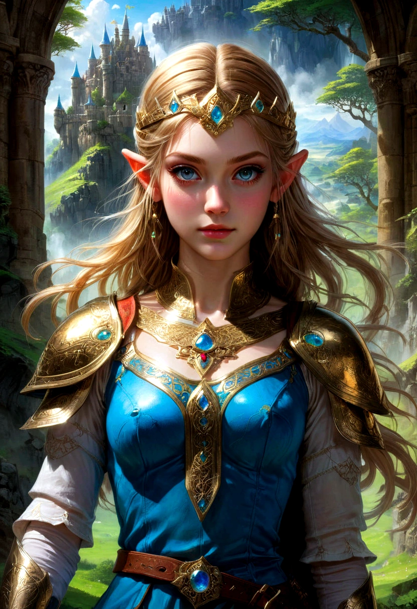 1girl, Princess Zelda, The Legend of Zelda, A highly detailed fantasy landscape,rolling hills,lush forests,medieval castle,ancient ruins,glowing magical crystals,dramatic lighting,epic adventure,beautiful detailed eyes,extremely detailed face and intricate outfit,stunning digital art,cinematic composition,vibrant colors,dramatic lighting,fantasy art,concept art,ultra-detailed,8k,professional, masterpiece, best quality, very aesthetic, absurdres