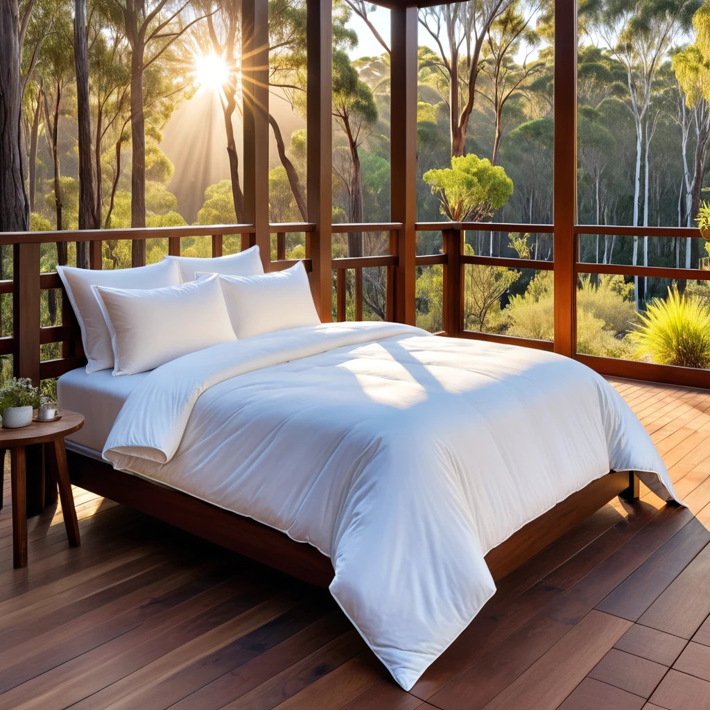 there is a bed with a white comforter, iron bark, radiant morning light