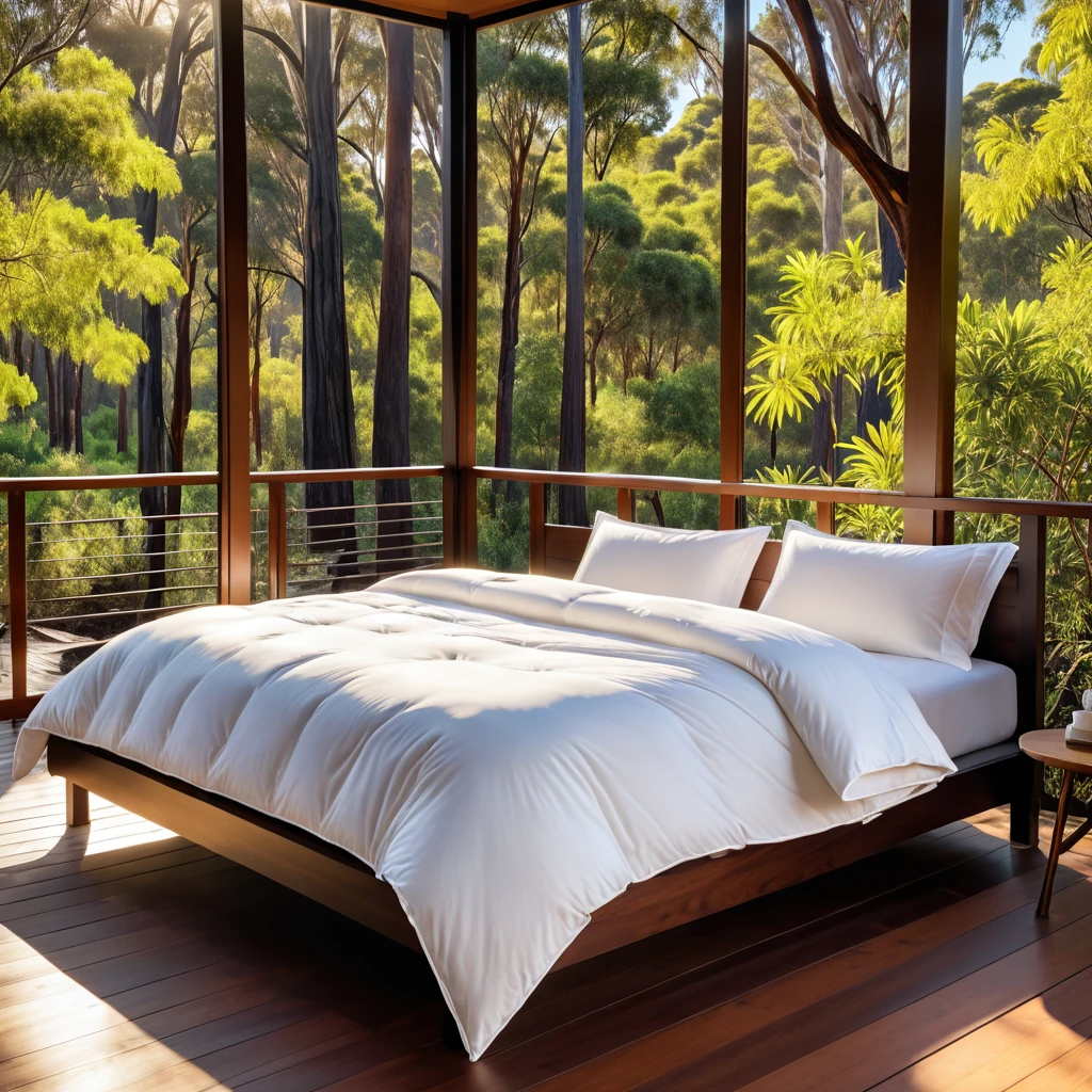 there is a bed with a white comforter, iron bark, radiant morning light
