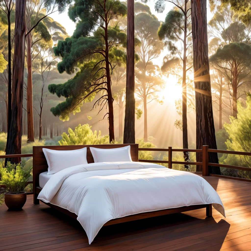 there is a bed with a white comforter, iron bark, radiant morning light