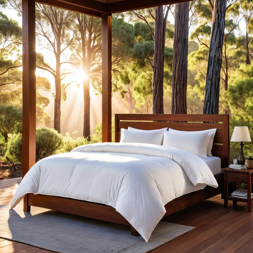 there is a bed with a white comforter, iron bark, radiant morning light