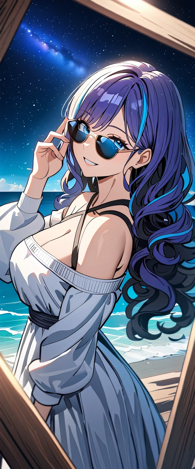 ((grin)), (((Eyeshadow, False eyelashes))), ((off-shoulder dress:1.3, criss-cross halter)), ((white sundress)), ((cleavage)), ((streaked hair, blue and black, hair extensions)), ((sunglasses, hand to sunglasses)), (((from side))), ((((upper body)))), bare legs, (()), (((a beautiful starry sky, the Milky Way shining beautifully in the night))), ((on the very high cliff)), wavy hair, inward curled hair, ((sea, nature)), breasts, ager, (looking at viewer), puffy long sleeves, collarbone, head tilt:1.3, (((blue eyes))), happy smile, (((anime style))), (best quality, 4K, 8K, highres, masterpiece:1.2, ultra-detailed, ultra-detailed eyes, HDR, uhd, studio lighting, ultra-fine painting, sharp focus, physically-based rendering, extreme detail description, professional, vivid colors, bokeh)