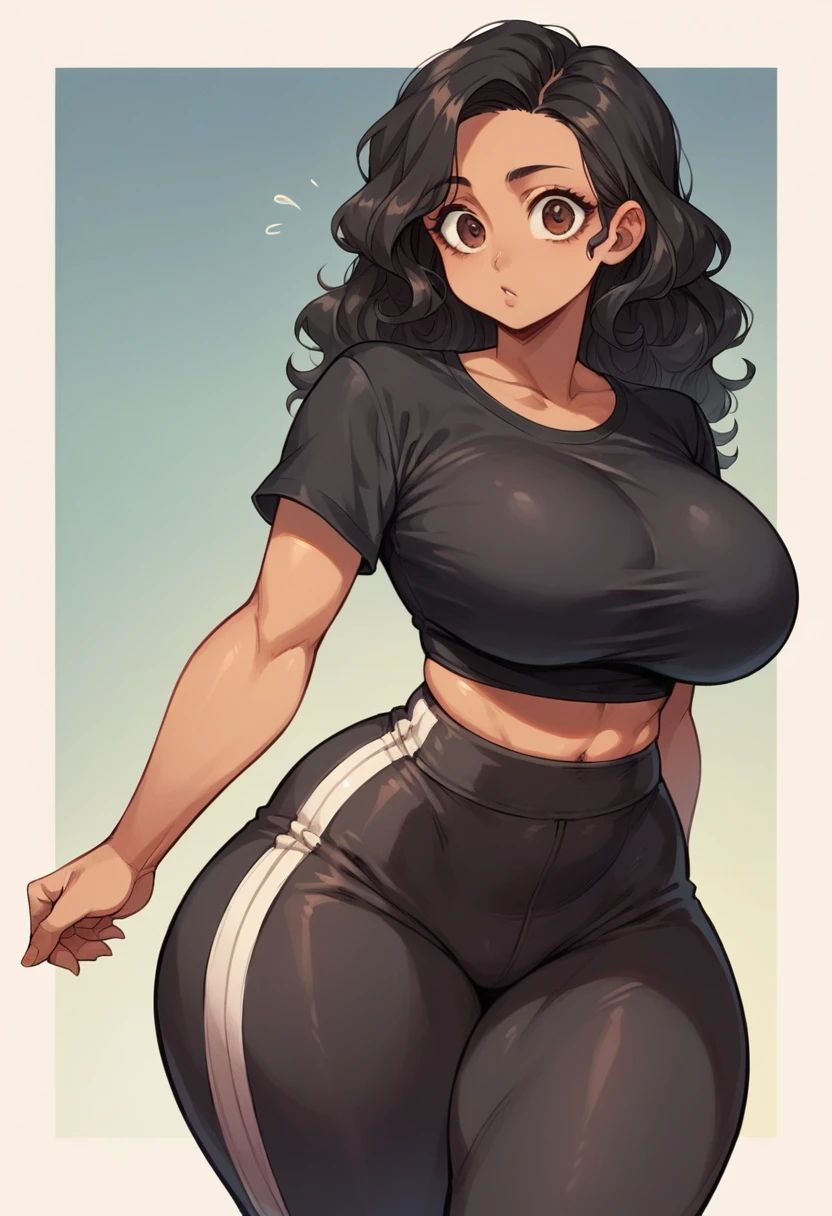 A girl, Latina, wavy hair with volume, black hair, big eyes, brown eyes, massive breasts, wide hips, fat hips, small waist, thick thighs, fat ass, black shirt, black top , sports pants, tight pants, black pants.