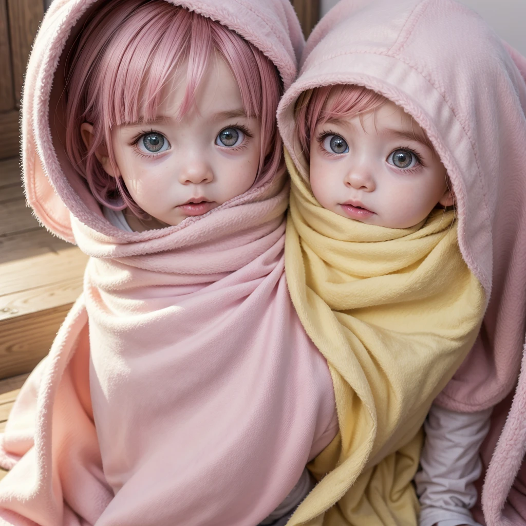  with pink hair and yellow eyes wrapped in a blanket.