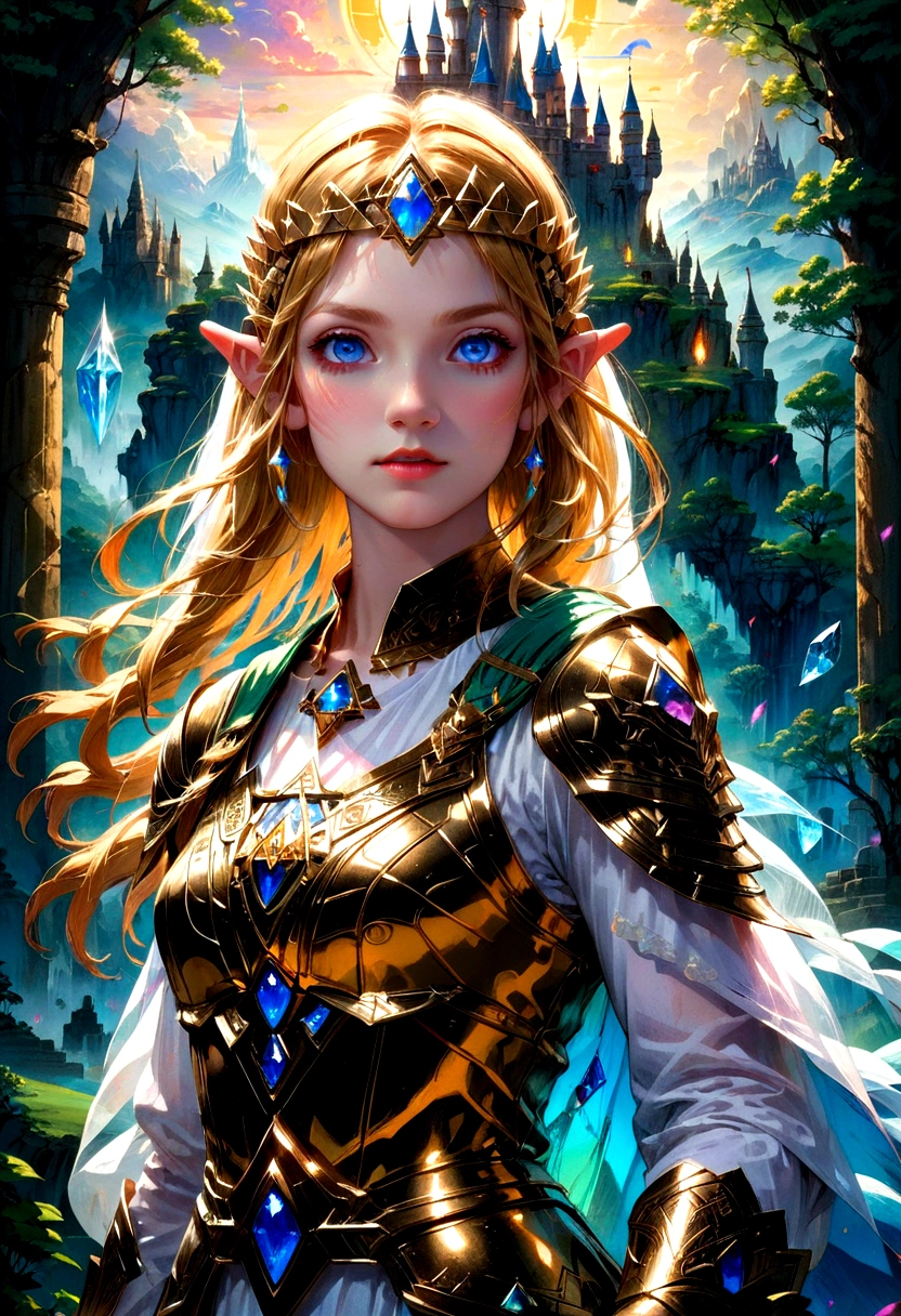 1girl, Princess Zelda, The Legend of Zelda, A highly detailed fantasy landscape,rolling hills,lush forests,medieval castle,ancient ruins,glowing magical crystals,dramatic lighting,epic adventure,beautiful detailed eyes,extremely detailed face and intricate outfit,stunning digital art,cinematic composition,vibrant colors,dramatic lighting,fantasy art,concept art,ultra-detailed,8k,professional, masterpiece, best quality, very aesthetic, absurdres