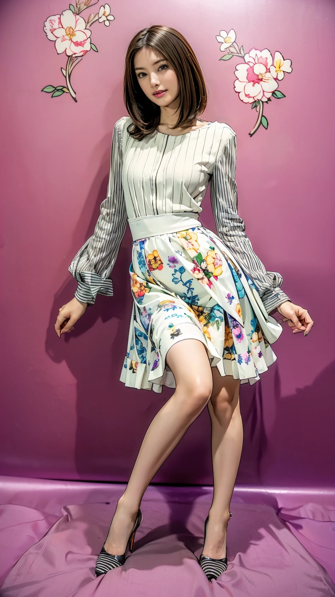((masterpiece)),(((Highest quality))),Thin thighs,Long legs,whole body:1.5,(One Girl:1.3),(Black high heels:1.3),(Wearing a floral striped mid-long flared skirt dress:1.2),Short blonde hair:1.2、Model pose with legs spread wide:1.5