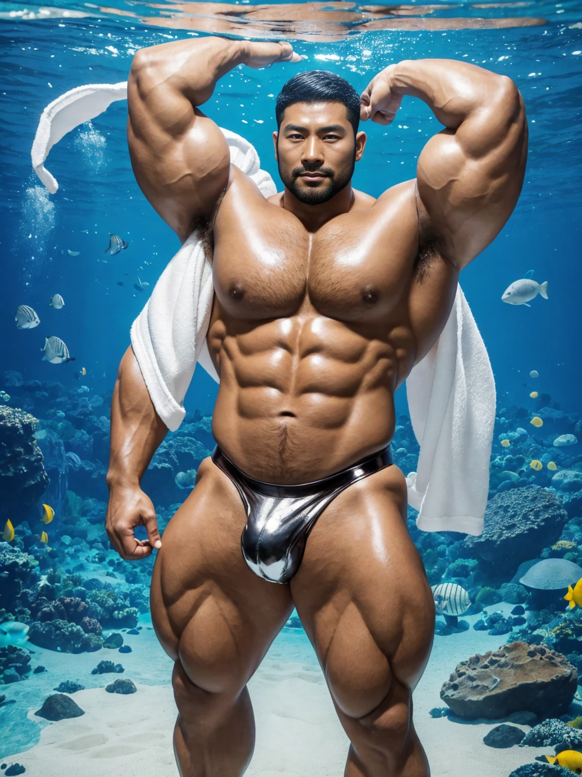 There is only one handsome Asian actor in the photo，35 years old，High target, Fitness，short hair, O-Shaped Beard，Perfect body, Dark skin color，Radiant Skin，Smooth skin，Shiny, shiny skin，Smooth pectoral muscles，No chest hair，No body hair，Muscle bulge, muscular, Very large pectoral muscles，Very sexy abdominal muscles，Very well-developed leg muscles，Huge concave and convex area，Brightens oily skin，Wearing a shiny silver leather thong，Handsome face，Wearing silver-gold leather socks，Correct and accurate male body proportions, standing under the sea。
