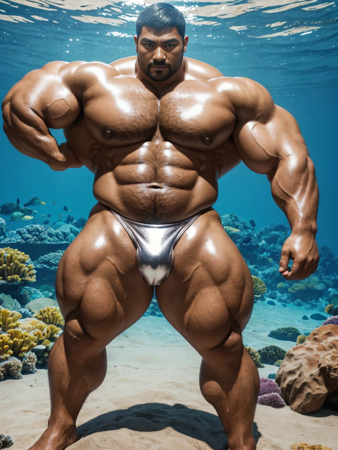 There is only one handsome Asian actor in the photo,35 years old,High target, Fitness,short hair, O-Shaped Beard,Perfect body, Dark skin color,Radiant Skin,Smooth skin,Shiny, shiny skin,Smooth pectoral muscles,No chest hair,No body hair,Muscle bulge, muscular, Very large pectoral muscles,Very sexy abdominal muscles,Very well-developed leg muscles,Huge concave and convex area,Brightens oily skin,Wearing a shiny silver leather thong,Handsome face,Wearing silver-gold leather socks,Correct and accurate male body proportions, standing under the sea。