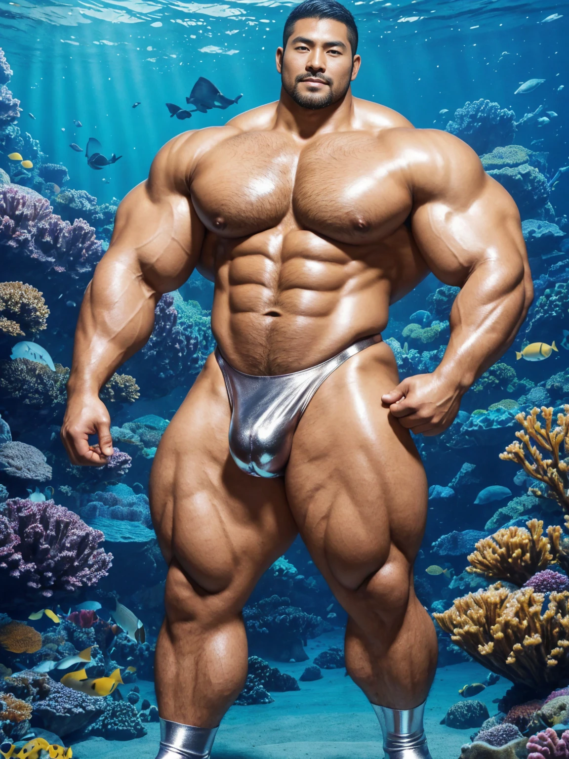 There is only one handsome Asian actor in the photo,35 years old,High target, Fitness,short hair, O-Shaped Beard,Perfect body, Dark skin color,Radiant Skin,Smooth skin,Shiny, shiny skin,Smooth pectoral muscles,No chest hair,No body hair,Muscle bulge, muscular, Very large pectoral muscles,Very sexy abdominal muscles,Very well-developed leg muscles,Huge concave and convex area,Brightens oily skin,Wearing a shiny silver leather thong,Handsome face,Wearing silver-gold leather socks,Correct and accurate male body proportions, standing under the sea。