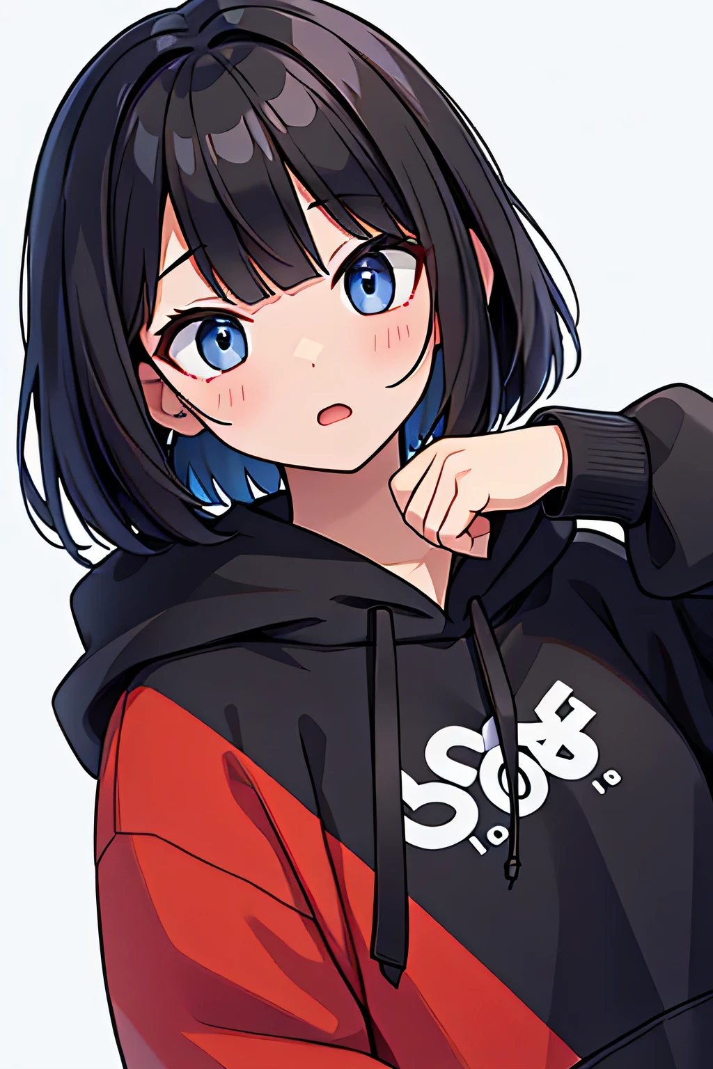 20-year-old women、cute、Bob hairstyle、Surprised face、Black Hair、The upper body is a hoodie、Surprise、I am surprised by the shocking facts、No background、Background white