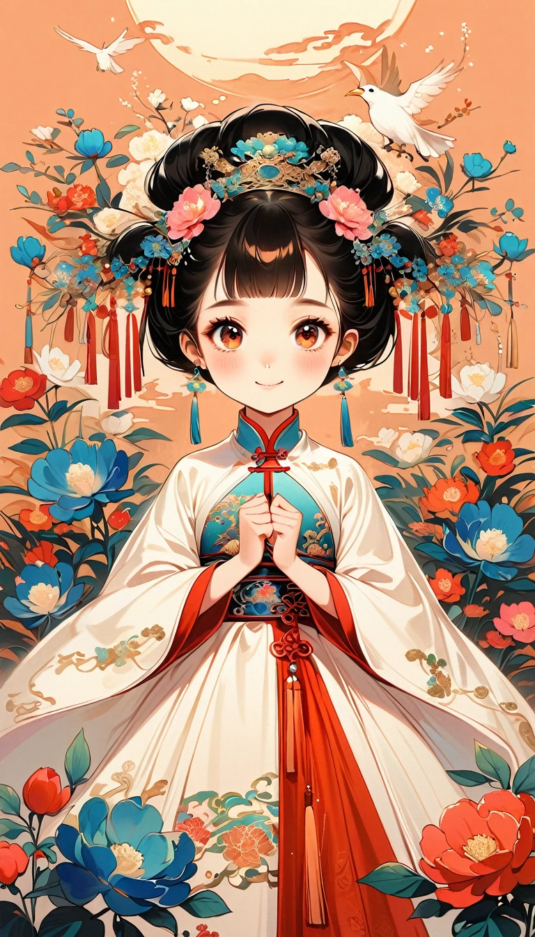 A beautiful young 5 years old little girl in traditional Chinese attire, sweet smile, from front, lively and kawaii pose, hands fist and cheer up, charming and attractive sexy pose, surrounded by a lush garden. gazing at it with gentle eyes. The woman's hair is styled in an elaborate updo adorned with flowers and traditional ornaments. Her dress is elegant, pink and white color tone, featuring fine silk with floral embroidery. The garden is in full bloom, with peonies and other flowers providing a backdrop. The scene captures the serenity and beauty of classical Chinese art, with a touch of nature harmony, (((Ultra-high saturation, high natural saturation, extremely bright colors)))