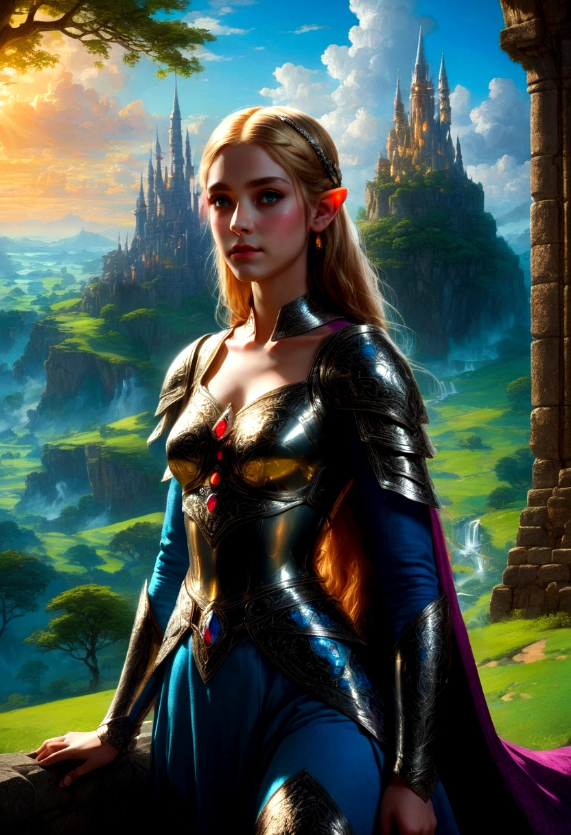 1girl, Princess Zelda, The Legend of Zelda, A highly detailed fantasy landscape,rolling hills,lush forests,medieval castle,ancient ruins,glowing magical crystals,dramatic lighting,epic adventure,beautiful detailed eyes,extremely detailed face and intricate outfit,stunning digital art,cinematic composition,vibrant colors,dramatic lighting,fantasy art,concept art,ultra-detailed,8k,professional, masterpiece, best quality, very aesthetic, absurdres