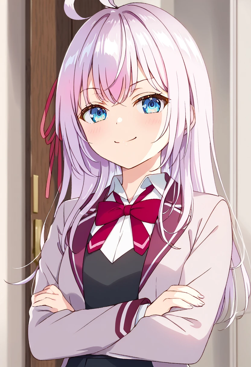 (masterpiece),(best quality),(ultra-detailed),(best illustration),(best shadow),(absurdres),(detailed background),(very aesthetic), alya(roshidere), white hair, long hair, bangs, blue eyes, hair ribbon, ahoge, red ribbon, skirt, shirt, long sleeves, bow, , jacket, white shirt, pleated skirt, collared shirt, bowtie, black skirt, red bow, red bowtie, blazer, grey blazer, long sleeves, upper body view, crossed arms, smile,