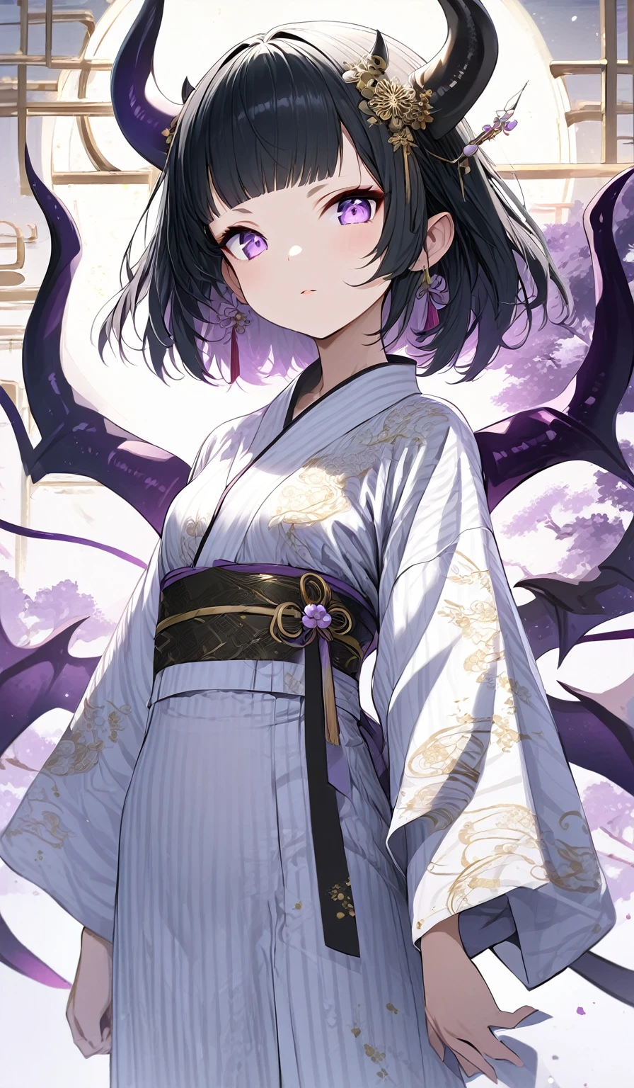 Masterpiece, very detailed, ultra detailed, one, (1 girl), she is in white detailed yukata with gold details, children's style, long black hair and straight bangs, black demonic horns, beautiful, charming, purple eyes, elegant, small breasts, kind face, charming, she stands against the background of Japanese themes.