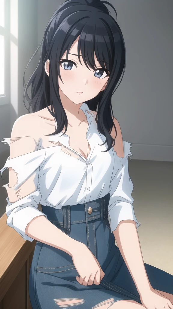 {shiny colors_Hiori Kazano :1.15},black hair, detail gray_eyes, , 1 girl,,alone, hair between eyes,(torn open white shirt:1.5),show off white lace panties, bare shoulders,, (short denim), cleavage, thin thigs, ponytail hair, , beautiful light,, close up face,　　　　　　　　　　　　　　　　　　　　　　　　　　　　　　　　　　　　　　　　　　　　　　　　　　　　　　　　　　 beautiful upper body, Beautiful body, beautiful character design, perfect eyes, Perfect face, expressive eyes, looking at the viewer,(sitting on liquid),in the center of the image, official art,High Definition CG Unity, Perfect lit, bright_front_face_lit, ,(Highest_quality:1.0),4k,Super detailed, photograph, 8K, nffsw, High resolution, absurd:1.2, kodak portrait 400, film grain, Lens flare, (lively_color:1.2) (beautiful,small breasts:1.4), (beautiful_face:1.3),(narrow_waist),blush, ((detail nipple)),,