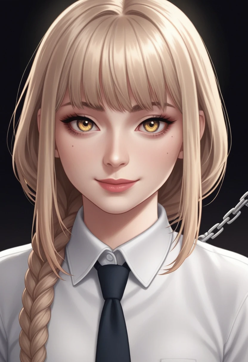 Makima with the face of Margot Robbie (chain saw man), Best Quality, ultra-detailliert, 1girl in, Solo, Standing, Red hair, Long braided hair, Golden Eyes, Bangs, very small pointed chest, White shirt, tie, Look, Smile, (in bad: 1.2), Looking at the viewer, (interview: 1.3), (Dark background, chains: 1.3), From  above, sharp contrast, Beautiful detailed eyes, Focus, Close Up Shot,crouching down