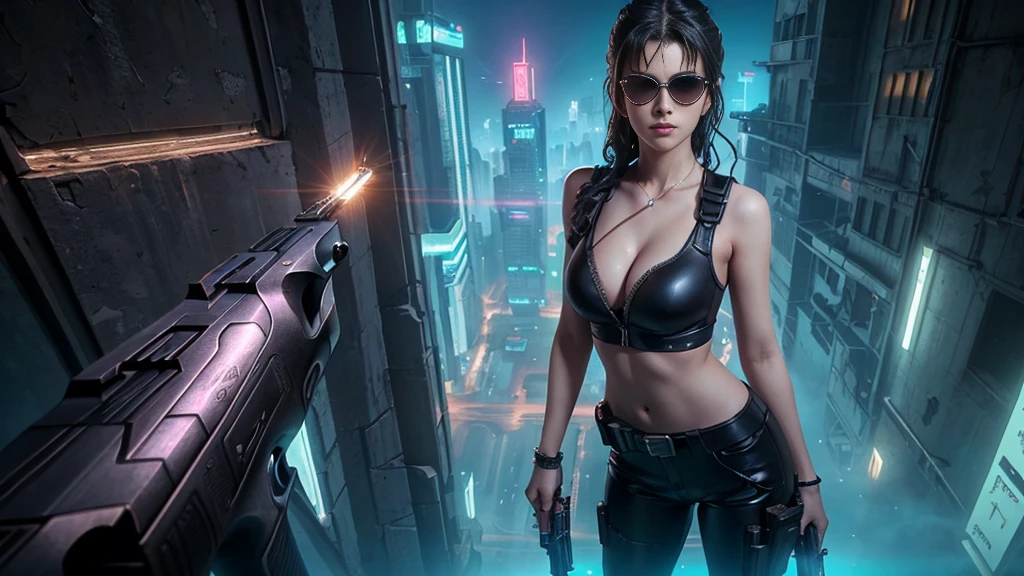 At night, dark sky, aerial view of fantasy cyberpunk style Moai-statue city, ((flying vehicle)). ((1girl, solo, alone)), photo realistic, medium-breast:1.1 slim body, cleavage, sexy clothes, (black sunglasses), (((hip-up standing and pistol aiming pose))), half-body thigh level medium shot, cinematic lighting.