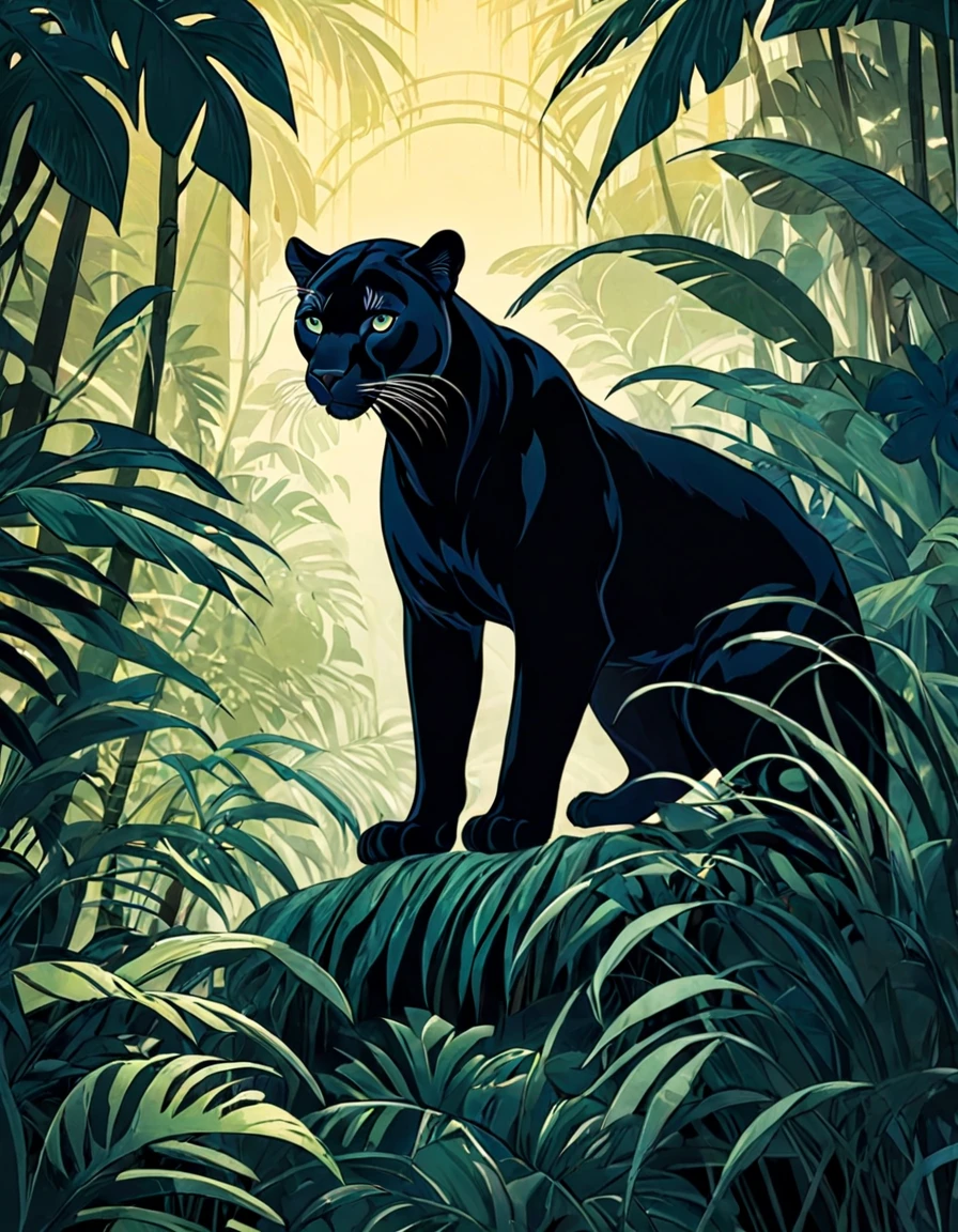 Art Deco illustration of a panther in the jungle