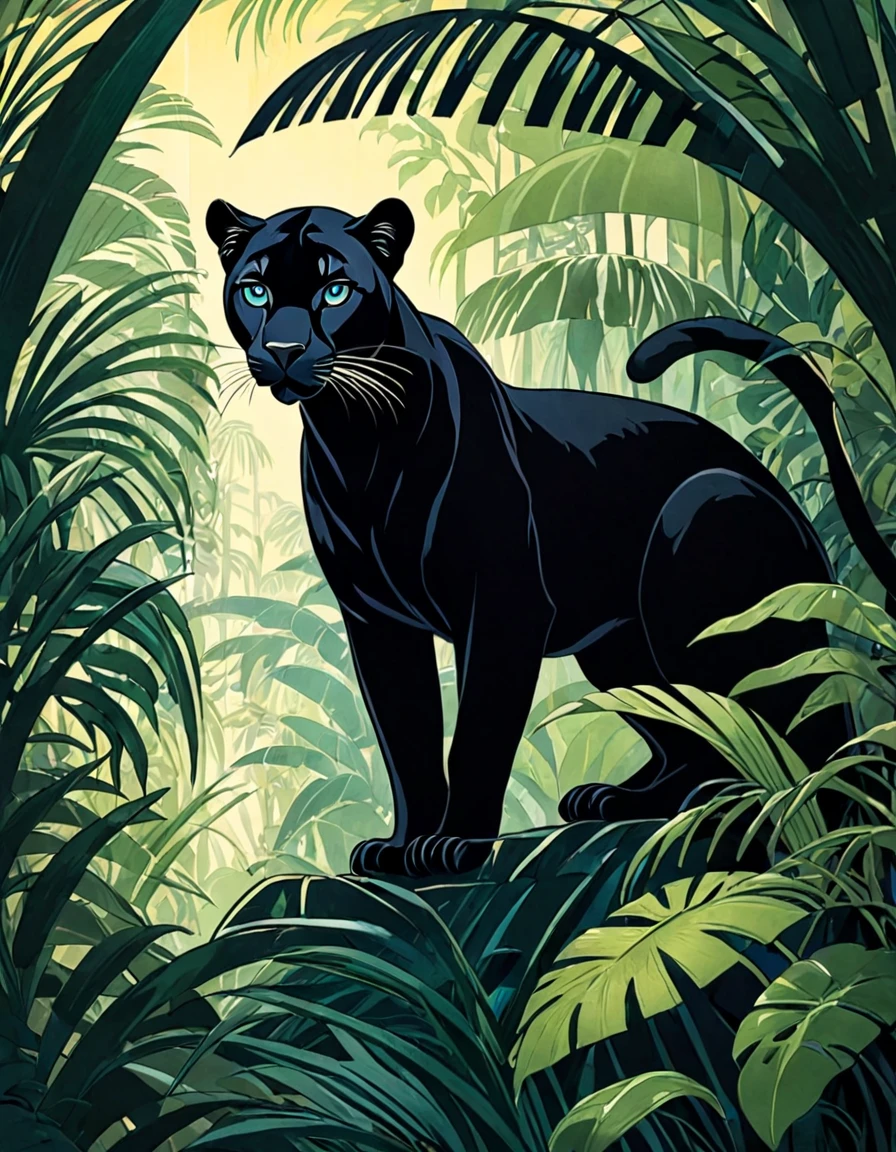 Art Deco illustration of a panther in the jungle